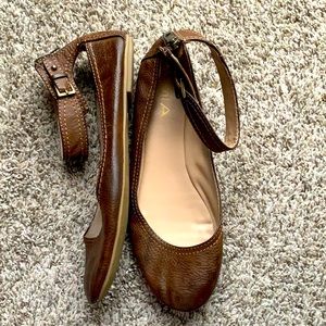 Brown Distressed Ballet Flats with Ankle Straps
